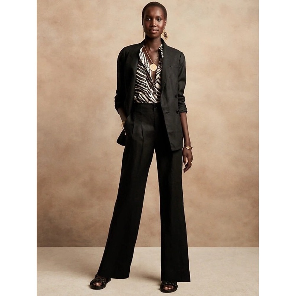 Banana Republic Minimalist Linen High Rise Pleated Wide Leg Trouser Black 4 Long